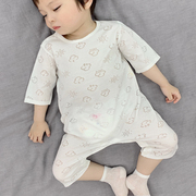儿童连体睡衣夏季薄款小童中袖空调服护肚，冰丝无痕爬服宝宝连体衣