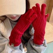 大红色针织毛线手套女学生秋冬季纯色，加厚防寒分，指五指可触屏ins