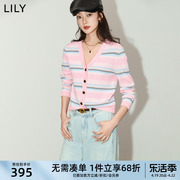 lily2024夏女装(夏女装)设计感撞色条纹气质，修身短款针织开衫外套上衣