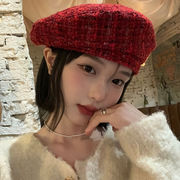 红色贝雷帽女秋冬韩版复古显脸小新年蓓蕾画家，帽小香风粗花呢帽子