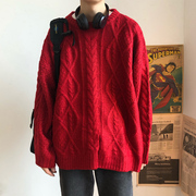 冬季时尚纯色扭花加厚毛衣，男装圆领套头宽松针织衫麻花毛线衫红色