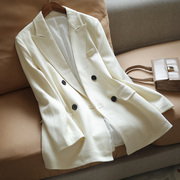百搭~秋装乳白色斜纹含羊毛面料双排扣小宽松长袖西装外套