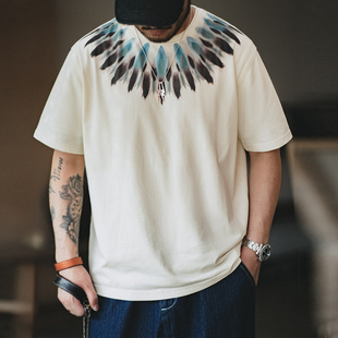 马登工装美式复古重磅印第安羽毛，印花短袖做旧宽松民族风t恤男夏