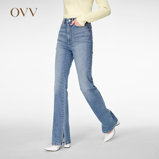 OVV2024春夏女装意大利进口面料中腰微喇叭开衩牛仔裤