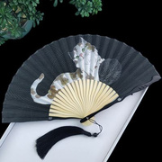 中国风扇子折扇女式夏天便携随身折叠扇猫咪，可爱少女棉布古典小扇