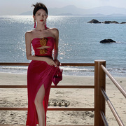 绝美小裙海边度假开叉抹胸裙玫红色礼服高端轻奢小众丝绒连衣裙