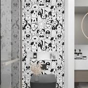 卡通黑白漫画自粘墙纸卫生间贴画瓷砖贴纸防水浴室洗手间厕所墙贴