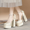 气质名媛白色方头超高跟鞋仙女风粗跟一字带，法式厚底玛丽珍珠单鞋