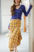 不规则格子半裙黄色温柔气质优雅性感，韩cloudseason2024春季