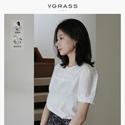 补单vgrass白色蕾丝衬衫2023年夏法式(夏法式)甜美短袖t恤上衣女