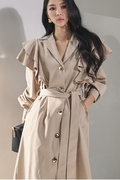DINT韩国2023年春女装 荷叶边西装领单排扣长款风衣外套J1822