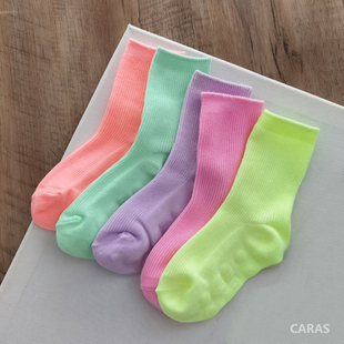caras韩国女童春夏薄款糖果色堆堆袜高弹长款荧光儿童螺纹袜子潮