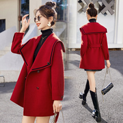 红色羊毛呢外套女2023欧洲站网红高端修身系带面羊绒大衣休闲