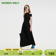 GREEN BELT2023年春夏连衣裙长款法式收腰露肩高级感黑色裙子