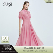 sussi古色夏季粉色立领网纱刺绣短袖灯笼，袖连衣裙女中长款
