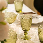 复古绿色叶子浮雕玻璃杯，红酒杯子冰淇淋饮料水果，碗葡萄酒杯家用