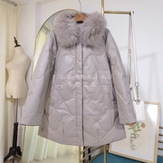 罗依y1012时尚毛领中长款羽绒服pu皮直筒白鸭绒(白鸭绒，)外套2023冬季女生