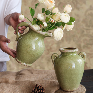 美式乡村古典陶瓷花瓶裂纹釉把式花瓶暗绿色复古水培花器鲜花花壶