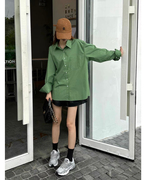 春夏复古绿色长袖衬衫女款韩版时尚洋气显白宽松叠穿内搭衬衣