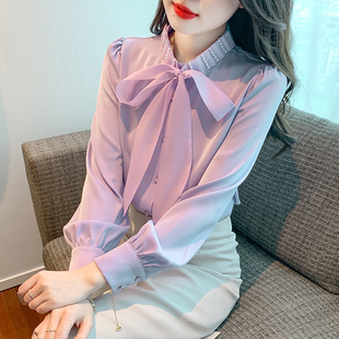 紫色系带蝴蝶结雪纺衬衫女秋季2024时尚洋气衬衣甜美长袖上衣