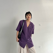 2024年夏季设计感小众紫色，v领西服小香风，薄款短袖西装外套女