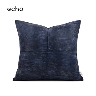 现代简约轻奢蓝色高级皮上植绒，材质拼接抱枕，沙发靠垫样板间方枕套(方枕套)
