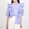 ZX蝶设计感法式紫罗兰中袖紫色显白系带荷叶边衬衫女上衣