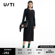 uti暗纹拼接连衣裙女 时尚通勤气质黑色休闲长裙尤缇2022冬季
