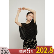 nanastore圆领雪纺衫女2024秋季宽松复古黑色上衣，法式衬衫t恤