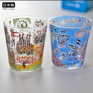 日本进口井泽玻璃杯茶杯，可爱插画家用情侣，水杯啤酒果汁牛奶早餐杯