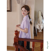 花吉b752紫色暗格日系减龄，短袖提花纯棉压褶衬衫，女2024夏衬衣(夏衬衣)