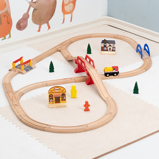 儿童木制火车轨道，简易套装益智玩具，勒酷小车兼容木质积木场景