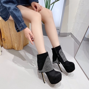 欧美外贸女靴防水台超高细跟绒面水钻短靴Lazada Women Boots