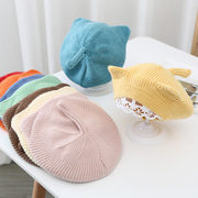 女童贝雷帽春秋季韩版儿童婴幼儿，宝宝卡通猫耳朵，尾巴针织毛线帽子
