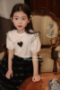 韩国童装女童白色上衣夏季洋气儿童，爱心印花木耳边泡泡短袖t恤衫