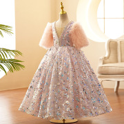 粉色裙走秀时装演出服女童，亮片钢琴演奏公主晚礼服儿童礼服