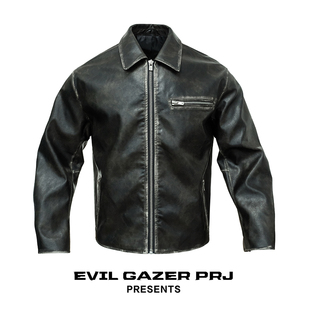 EVIL GAZER复古手工擦色做旧防风机车仿生皮衣夹克外套clean fit