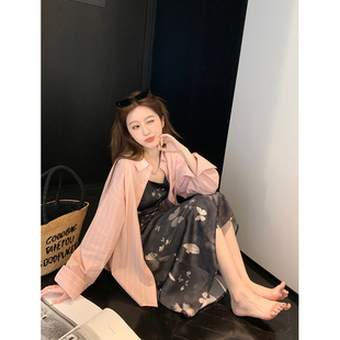杨杨yangruoyu穿衬衫的季节条纹，粉色衬衣通勤甜美气质衬衫女