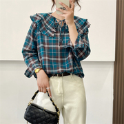 惠衣阁秋季女棉质长袖衬衫格子衬衫，韩版甜美荷叶领衬衣学院风衬衫
