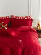 100S高端婚庆床品四件套 纯棉大红色床上纯色结婚床单床上用品