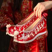 秀禾服婚鞋女中式冬季加绒古风新娘结婚汉服鞋子内增高红色绣花鞋