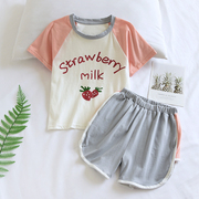 儿童夏季针织纯棉薄款可爱草莓短袖短裤女童全棉睡衣家居服亲子装