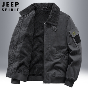 jeep工装加绒加厚外套，男士冬季保暖纯棉，翻领棉服休闲运动夹克