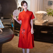大码女装中国风红色旗袍裙女2024年夏季改良款日常可穿连衣裙