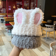 韩版可爱毛绒兔耳朵帽子女秋冬保暖针织帽护耳显脸小粉色包头帽(包头帽)潮