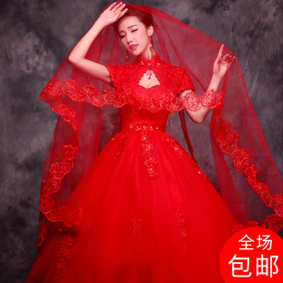 新娘头纱结婚头纱红色韩式单层婚礼，蕾丝花边婚纱配件超长拖尾头纱