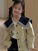 韩国女童风衣2023秋款海军风大翻领洋气卡其色蝴蝶结扣风衣潮