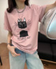 韩国东大门24夏装新胸前(新胸前)卡通钉珠，蝴蝶结猫咪图案韩版圆领短袖t恤