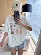 智研韩国夏季纯棉白色小清新多个卡通小可爱印花蕾丝边装饰t恤