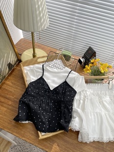 短袖T恤女夏+雪纺吊带两件套韩版时尚穿搭圆点甜美上衣